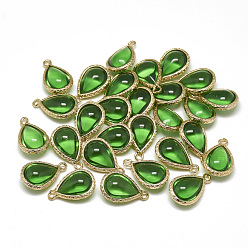 Lime Green Glass Pendants, with Golden Tone Brass Findings, teardrop, Lime Green, 18.5x12.5x7mm, Hole: 1.5mm