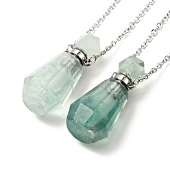 Fluorite Openable Faceted Natural Fluorite Perfume Bottle Pendant Necklaces for Women, 304 Stainless Steel Cable Chain Necklaces, Stainless Steel Color, 18.74 inch(47.6cm)