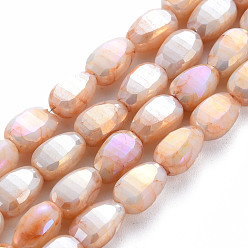 Marron Sablonneux Mèches de perles de verre craquelé peintes au four opaque, facette, de couleur plaquée ab , graines de melon, Sandy Brown, 9x6x4.5mm, Trou: 1.2mm, Environ 50 pcs/chapelet, 17.32 pouces (44 cm)
