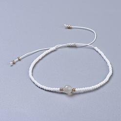White Moonstone Nylon Thread Braided Beads Bracelets, with Seed Beads and Natural White Moonstone, 1-3/4 inch~3-1/8 inch(4.5~8cm)