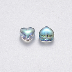 Coloré Perles de verre peintes par pulvérisation transparent, de couleur plaquée ab , cœur, vert de mer clair, 6x6x4mm, Trou: 0.7mm