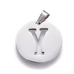 Letter Y 201 Stainless Steel Pendants, Flat Round with Letter, Stainless Steel Color, Letter.Y, 24.5x19.7x1.3mm, Hole: 4x3mm