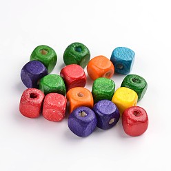 Mixed Color Natural Wood Beads, Cube, Mixed Color, Lead Free, Dyed, 10mm, about 2200pcs/1000g, hole: about 3.5mm