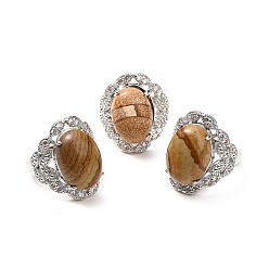 Picture Jasper Natural Picture Jasper Adjustable Rings, Platinum Tone Oval Brass Rings for Women, Cadmium Free & Lead Free, US Size 7 3/4(17.9mm), 3.5~5mm
