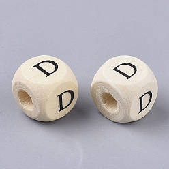 Letter D Perles de bois naturel imprimées, trou horizontal, cube avec la lettre initiale, papayawhip, letter.d, 10x10x10mm, Trou: 3.5mm, environ1000 pcs / 500 g