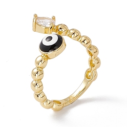 Black Clear Cubic Zirconia Teardrop & Enamel Evil Eye Open Cuff Ring, Real 18K Gold Plated Brass Jewelry for Women, Lead Free & Cadmium Free, Black, US Size 5 1/4(15.9mm)