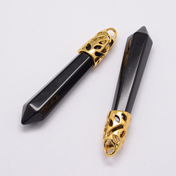 Obsidian Natural Obsidian Big Pointed Pendants, with Alloy Findings, Bullet, Golden, 57~63x13x10mm, Hole: 3x4mm
