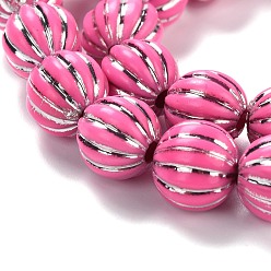 Hot Pink Grooved Resin Beads Strands, Silver Metal Enlaced, Pumpkin, Hot Pink, 10~12mm, Hole: 3mm, about 32pcs/strand, 13.78''(35cm)