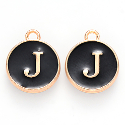 Letter J Golden Plated Alloy Charms, with Enamel, Enamelled Sequins, Flat Round, Black, Letter.J, 14x12x2mm, Hole: 1.5mm, 50pcs/Box