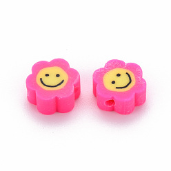 Deep Pink Handmade Polymer Clay Beads, Flower with Smiling Face, Deep Pink, 9~10x8~9x4~5mm, Hole: 1.4~1.6mm