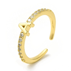 Letter A Clear Cubic Zirconia Initial Letter Open Cuff Ring, Real 18K Gold Plated Brass Jewelry for Women, Cadmium Free & Nickel Free & Lead Free, Letter.A, US Size 7 3/4(17.9mm)