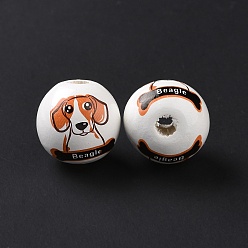 Orange Printed Wood European Beads, Large Hole Beads, Round with Beagle Dog Pattern, Orange, 15.5~16x14.5~15mm, Hole: 4.6mm