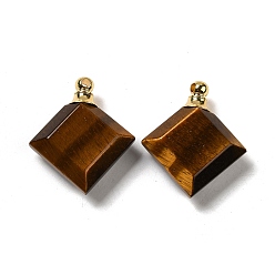 Tiger Eye Natural Tiger Eye Perfume Bottle Pendants, Faceted Rhombus Charms with Golden Tone 304 Stainless Steel Findings, 31x27~27.5x8.5~10mm, Hole: 2mm