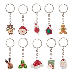 Mixed Color Christmas Theme Resin Pendant Keychain, with Iron Keychain Clasp, Mixed Shapes, Mixed Color, 8.2cm, 10pcs/set