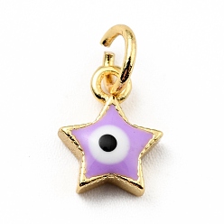 Lilac Rack Plating Brass Enamel Charms, with Jump Rings, Cadmium Free & Lead Free, Real 18K Gold Plated, Star with Evil Eye, Lilac, 9.5x7.5x2.6mm, Hole: 3mm