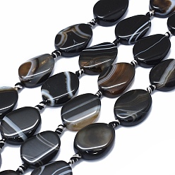 Noir Agate à bandes naturelles / brins de perles d'agate à rayures, teints et chauffée, torsion, noir, 23~27x18~21x5~7mm, Trou: 2~2.5mm, Environ 13 pcs/chapelet, 16.1 pouces ~ 16.5 pouces (41~42 cm)