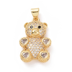 Clear Brass Cubic Zirconia Pendants, Golden, Bear with Heart Charm, Clear, 23x15x4mm, Hole: 4X5mm