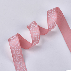 Salmon Single Face Satin Ribbon, Polyester Ribbon, Flower Pattern, Salmon, 1 inch(25mm), about 50yards/roll(45.72m/roll)
