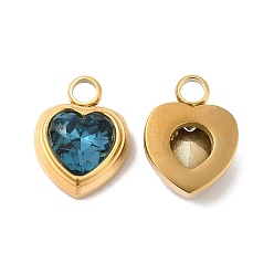Cadet Blue Ion Plating(IP) 304 Glass Charms, with Glass, Heart, Real 14K Gold Plated, Cadet Blue, 16x12x6mm, Hole: 3mm