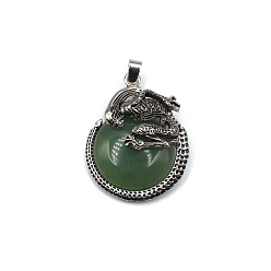 Green Aventurine Natural Green Aventurine Pendants, Flat Round Charms with Skeleton, with Antique Silver Plated Metal Findings, 40x35mm