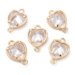 Crystal K9 Glass Connector Charms, Heart Links with Golden Tone Brass Findings, Crystal, 14x10x4.5mm, Hole: 1.2mm
