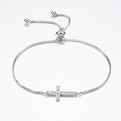 Platine Bracelets bolo réglables en laiton, bracelets de slider, avec zircone et chaînes, croix, platine, 10-1/4 pouces (260 mm)
