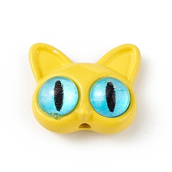 Yellow Spray Painted Alloy Beads, with Glass Eye, Cat Head, Yellow, 14x16.5x7mm, Hole: 1.5mm