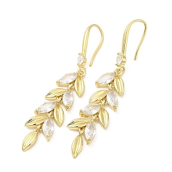 Real 18K Gold Plated Cubic Zirconia Leaf Dangle Earrings, Brass Long Earrings for Women, Real 18K Gold Plated, 53x10mm