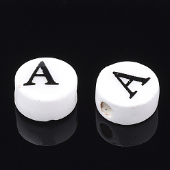 Letter A Handmade Porcelain Beads, Horizontal Hole, Flat Round with Letter, White, Letter.A, 8~8.5x4.5mm, Hole: 2mm