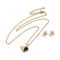 Black Clear Cubic Zirconia Heart with Enamel Pendant Necklace & Stud Earrings, Golden 304 Stainless Steel Jewelry Set for Women, Black, 510mm, 13x5.5mm, Pin: 0.7mm