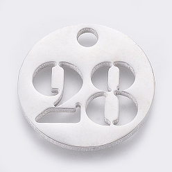 Number 304 Stainless Steel Pendants, Cut-Out, Hollow, Flat Round with Number, Stainless Steel Color, Num.28, 19x1.5mm, Hole: 2.5mm