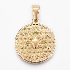 Cancer Real 18K Gold Plated 304 Stainless Steel Pendants, Flat Round with Twelve Constellation/Zodiac Sign, Cancer, 29x25x3.2mm, Hole: 9x4.5mm