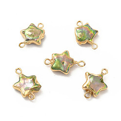 Light Gold Baroque Natural Keshi Pearl Pendants, Star Charms, with Brass Double Loops, Dyed, Green, Light Gold, 18~21x12~13x4~5mm, Hole: 1.8mm