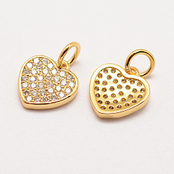 Real 18K Gold Plated Brass Micro Pave Grade AAA Cubic Zirconia Charms, Long-Lasting Plated, Heart, Cadmium Free & Nickel Free & Lead Free, Real 18K Gold Plated, 11x10x2mm, Hole: 3mm