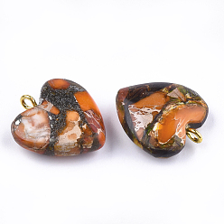 Jaspe Impérial Pendentifs bronzite et jaspe impérial assemblés, avec les accessoires en fer, cœur, or, 20~22x19~20x5~7mm, Trou: 2mm
