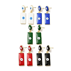 Mixed Color Rectangle with Evil Eye Enamel Dangle Stud Earrings, Real 18K Gold Plated Brass Jewelry for Women, Mixed Color, 43mm, Pin: 0.9mm