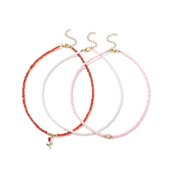 Red 3Pcs 3 Style Glass Seed & Brass Heart Beaded Necklaces Set, Alloy Enamel Rose Charm Necklaces for Women, Red, 14.49 inch(36.8cm), 1Pc/style