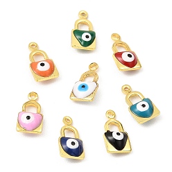 Mixed Color Brass Enamel Charms, Real 18K Gold Plated, Long-Lasting Plated, Lead Free & Cadmium Free, Lock with Evil Eye Charm, Mixed Color, 12x6x3.5mm, Hole: 1mm
