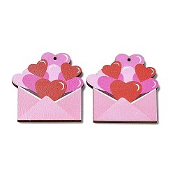 Envelope Single Face Printed Wood Pendants, Valentine's Day Charms, Envelope, 43x41x2.5mm, Hole: 1.6mm