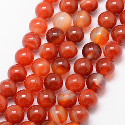 Orange Red Natural Striped Agate/Banded Agate Bead Strands, Round, Grade A, Dyed & Heated, Orange Red, 12mm, Hole: 1mm, about 32pcs/strand, 15 inch