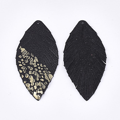 Noir Grands pendentifs en cuir de mouton écologique, feuille, noir, 75x35~37x1~1.5mm, Trou: 1.4mm