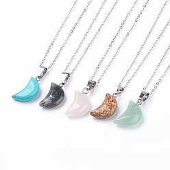 Mixed Stone Natural & Synthetic Gemstone Pendant Necklaces, with Brass Chains, Moon, 17.3 inch(44cm), 1.5mm