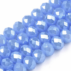 Cornflower Blue Electroplate Glass Beads Strands, Imitation Jade Beads, Pearl Luster Plated, Faceted, Rondelle, Cornflower Blue, 10x8mm, Hole: 1mm, about 65~66pcs/strand, 20.8~21.2 inch(53~54cm)