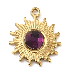 Purple Real 18K Gold Plated 304 Stainless Steel Pendants, with Glass, Sun Charms, Purple, 19x16x3.5~4.5mm, Hole: 1.6mm