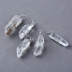 Cristal de Quartz Pendeloques de cristal de quartz naturel, cristal de roche, pendentifs point, avec des fils de fer, platine, 25~32x7~10x7~10mm, Trou: 2mm