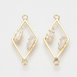 Real 18K Gold Plated Brass Cubic Zirconia Links, Clear, Rhombus, Nickel Free, Real 18K Gold Plated, 29x13x3mm, Hole: 1.5mm