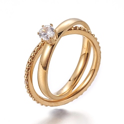 Oro 304 anillos de dedo del acero inoxidable, con circonita, dorado, tamaño de 6~9, 16~19 mm