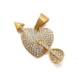 Oro 304 colgantes de diamantes de imitación de cristal de acero inoxidable, encanto de corazón y flecha, dorado, 26x31x5.5 mm, agujero: 8x5 mm