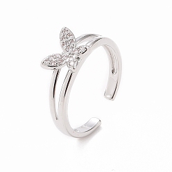 Platinum Clear Cubic Zirconia Butterfly Open Cuff Ring, Brass Jewelry for Women, Platinum, Inner Diameter: 17mm