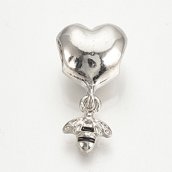 Platinum Alloy Enamel European Dangle Charms, Large Hole Pendants, Heart with Bees, Platinum, 21mm, Hole: 4mm, Bees: 9x7.5mm